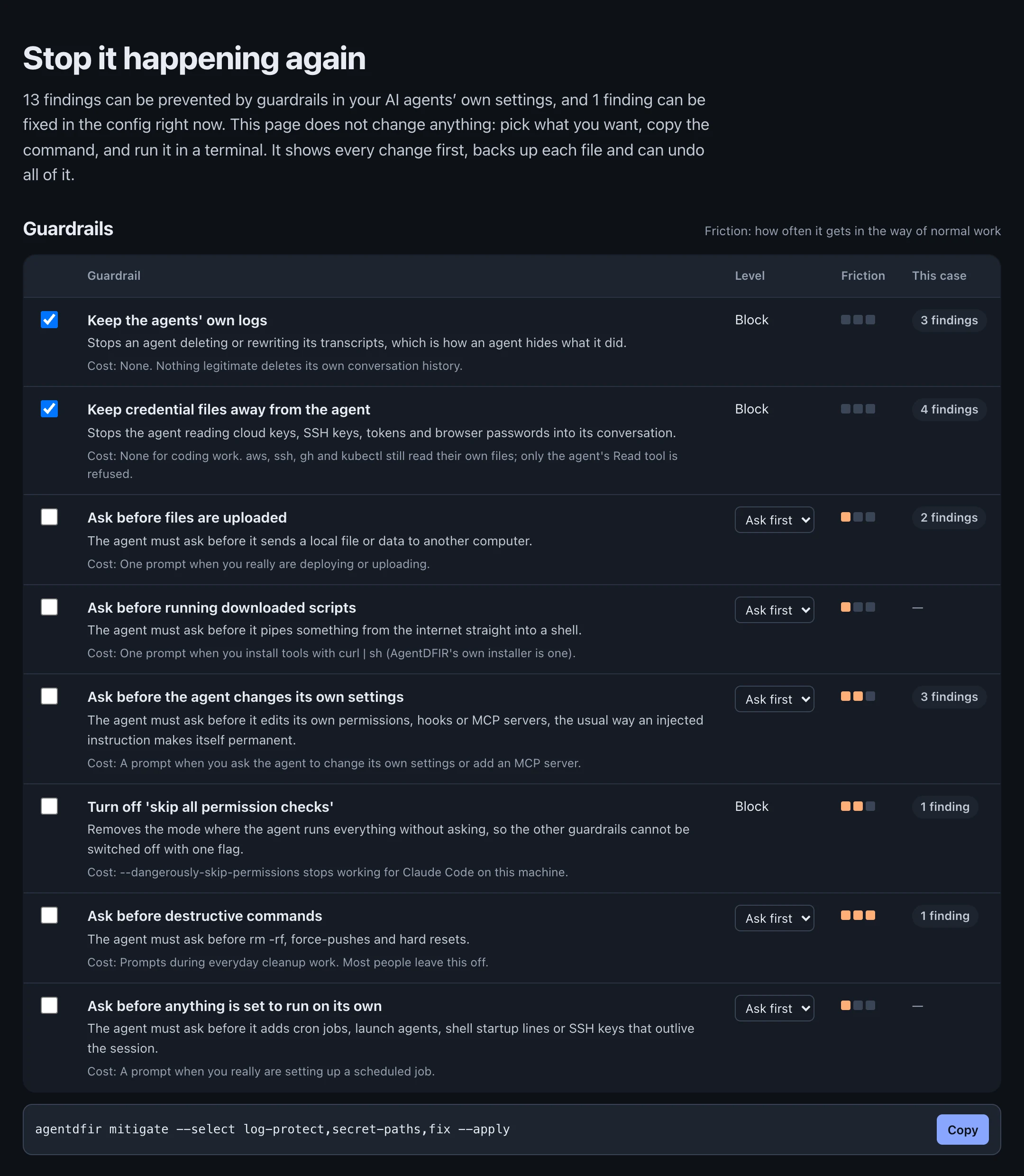 Protect tab of the case explorer: guardrail packs with level, friction and the findings each covers, two packs pre-selected, and the agentdfir mitigate command to copy.